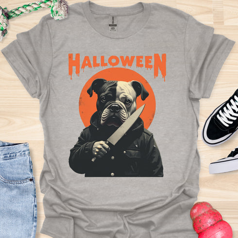 Halloween - V2 - Black and White Bulldog Face T-Shirt